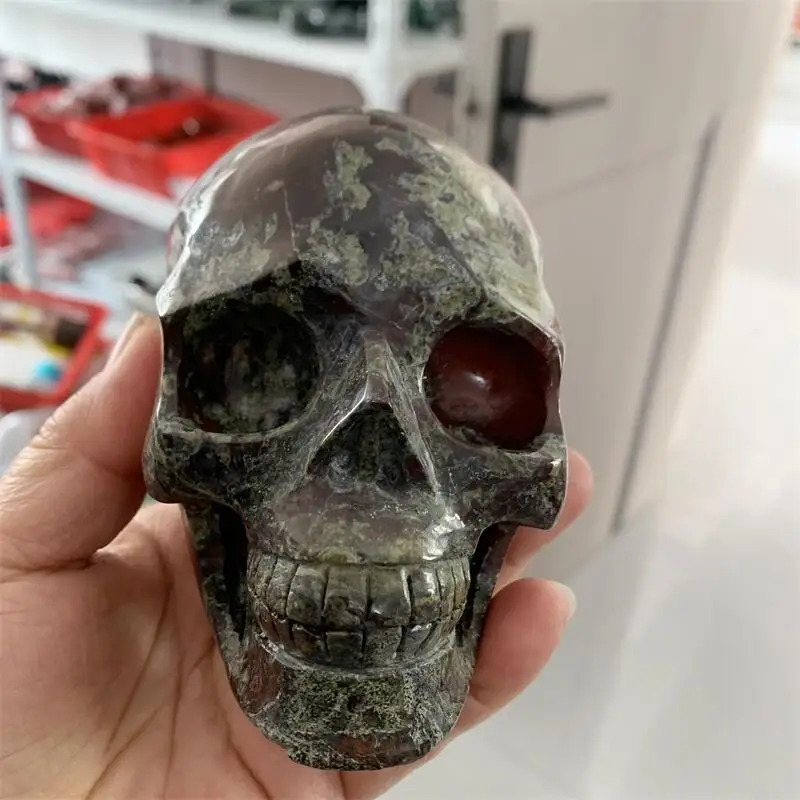 

Natural Dragon Blood Stone Skull Carving Figurine Healing Crystal Statue Home Decoration Gemstone Craft Gift 1PCS