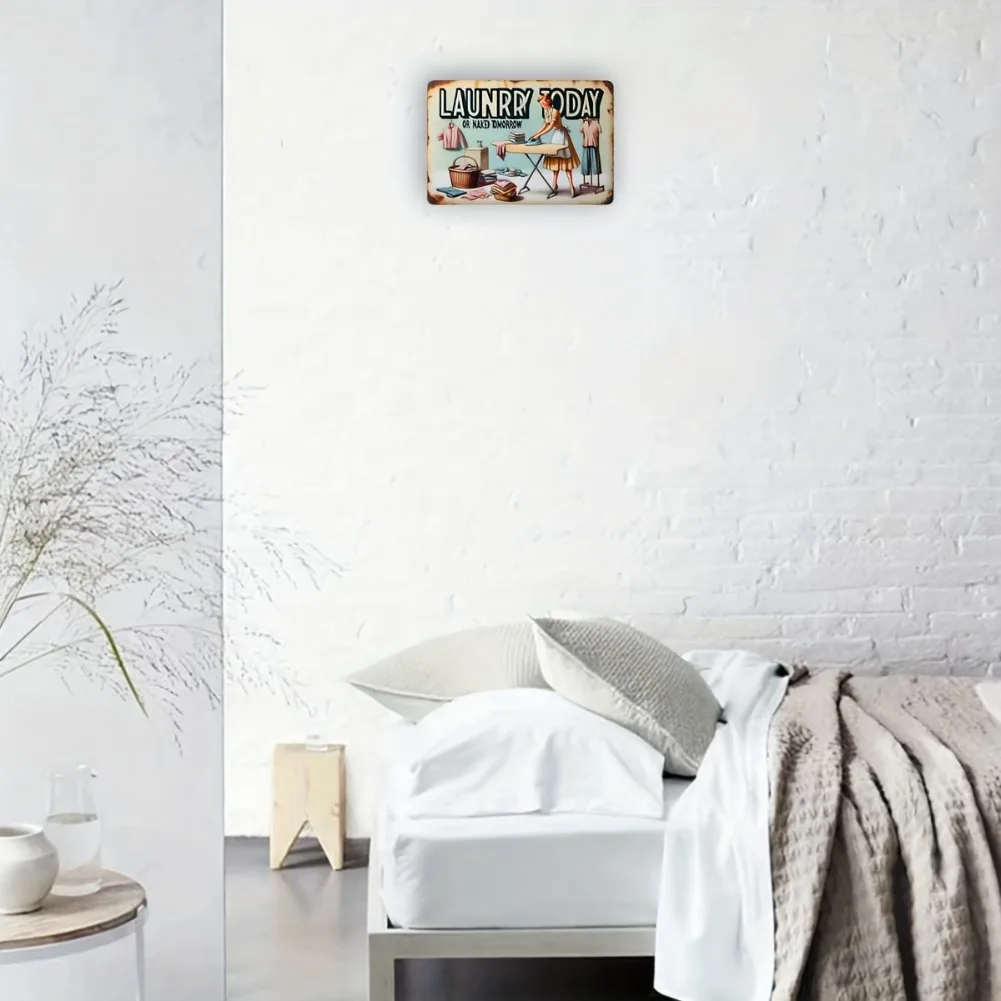 لافتة غسيل معدنية عتيقة - لوحة فنية جدارية "LUNDRY Today or NOKED Tomorrow" لديكور المنزل القديم، لوحة حديدية متينة #4