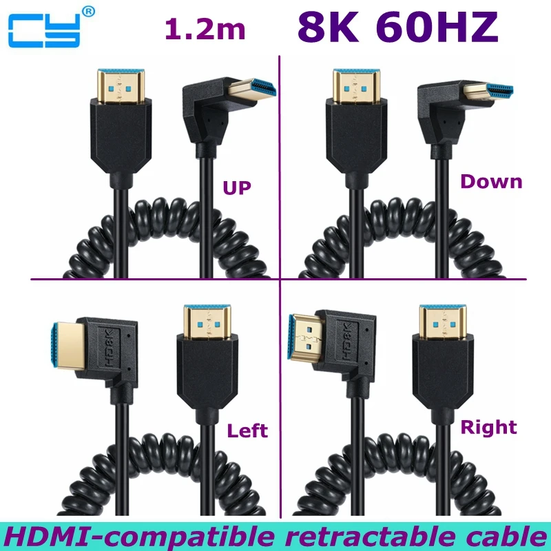 90 Degree Angle OD 4.0mm HDMI-Compatible Male to Male HD Spring Coiled Cable 8k@60hz HDTV-2.1 for TV Computer Camera