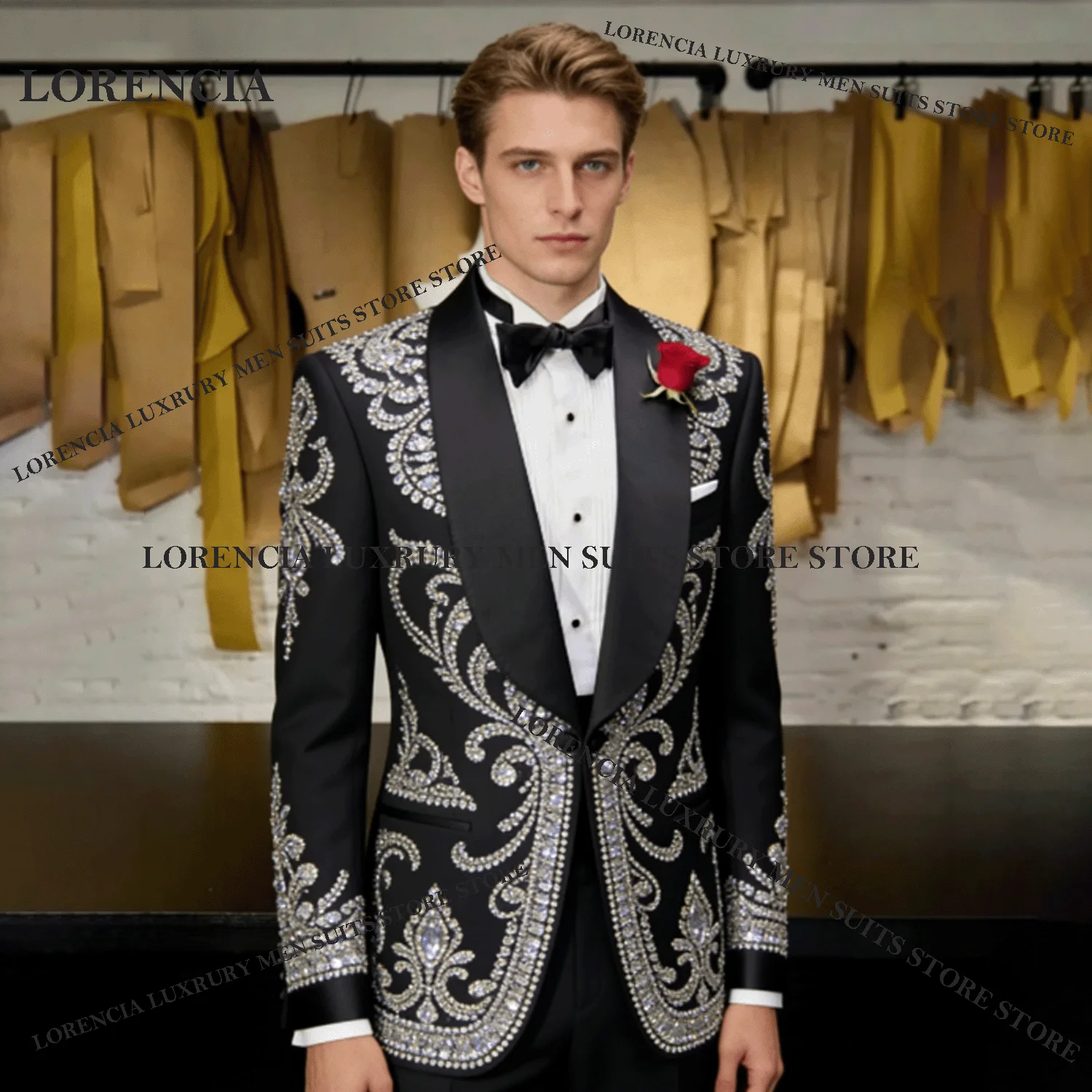 

Мужские костюмы с кристаллами и пайетками для свадьбы, бриллиантовые пиджаки для жениха, элитные смокинги для выпускного вечера, комплекты из 2 предметов, приталенные кройки.