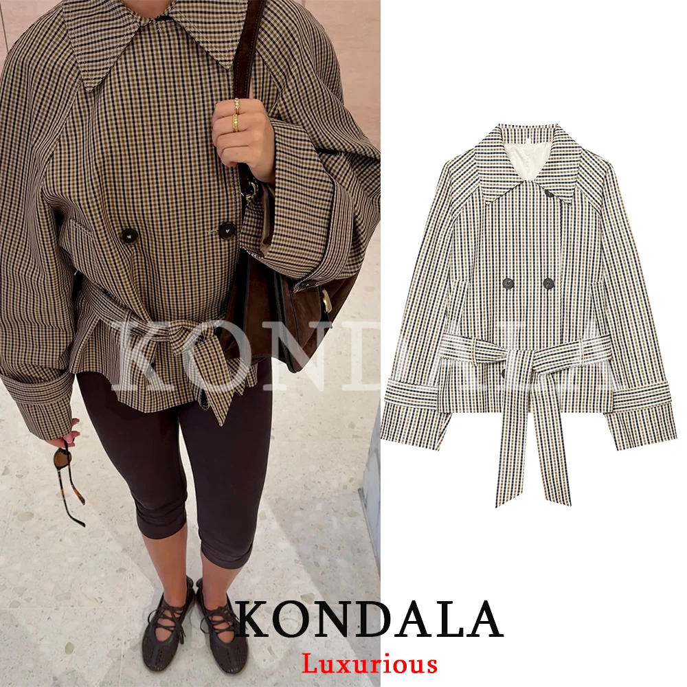 KONDALA Holiday Casual Chic Damen Trenchcoat Kariert Doppelreihig mit Gürtel Umlegekragen Mantel Mode 2026 Herbst Winter Mantel