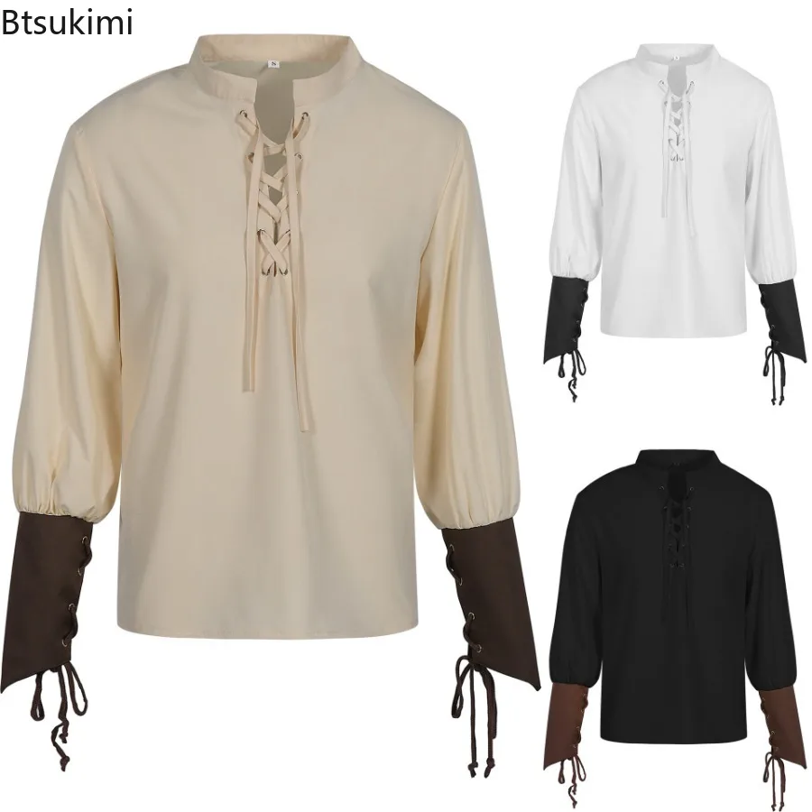 2026 Men's Medieval Renaissance Shirt Tops Lace-Up Vintage Steampunk Pirate Shirt Long Sleeves Viking Top Costume for Men Shirts