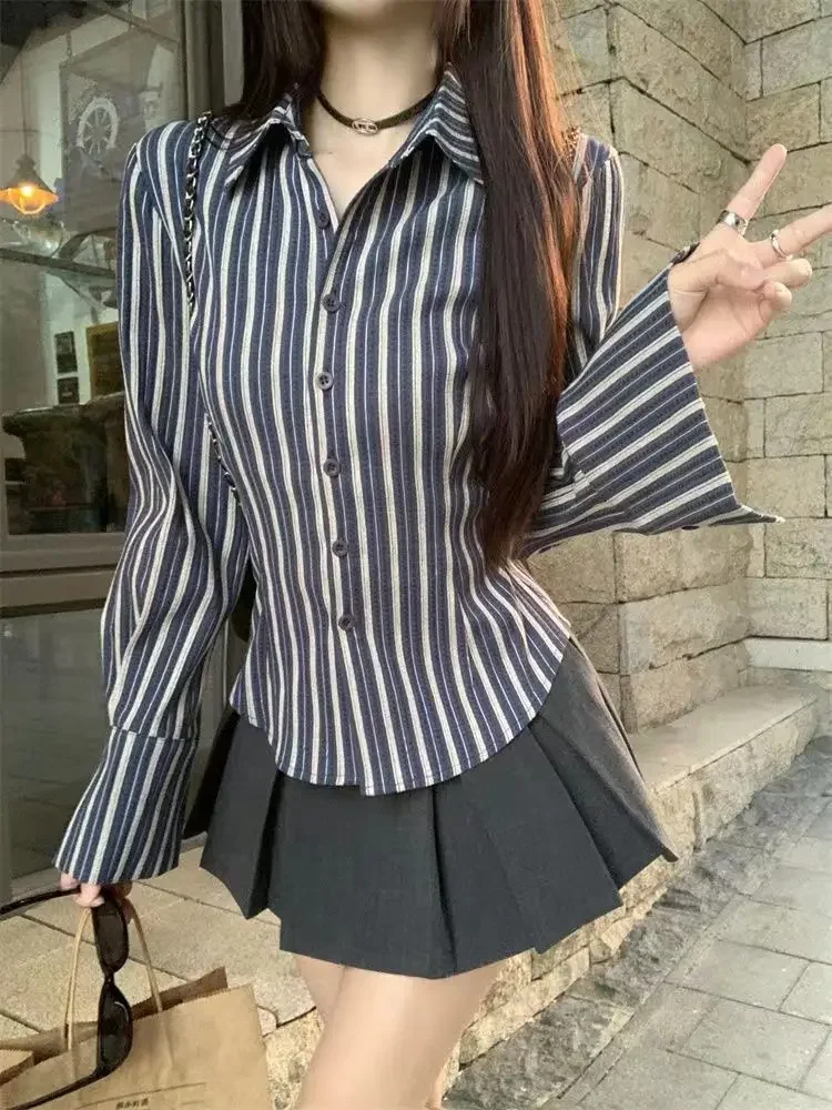 Women\'s Shirt and Blouse Blue Female Tops Commuting Lapel Korean Reviews Clothes Style Elegant Social Modern Long Popular Chic M