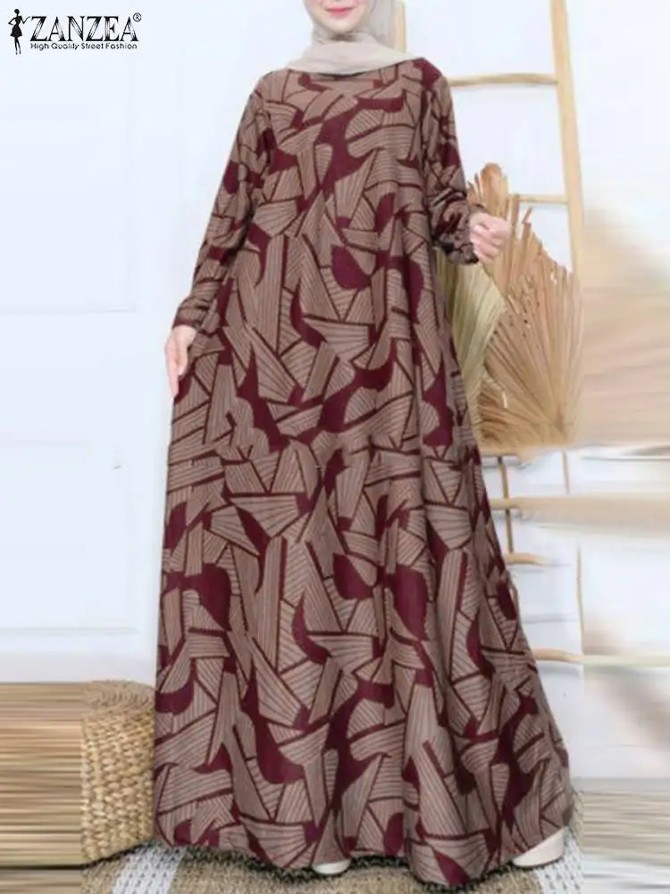 ZANZEA Muslim Fashion Long Sleeve Abaya Maxi Dress Elegant Women Printing O Neck A-line Vestidos Casual Loose Long Robes Kaftan