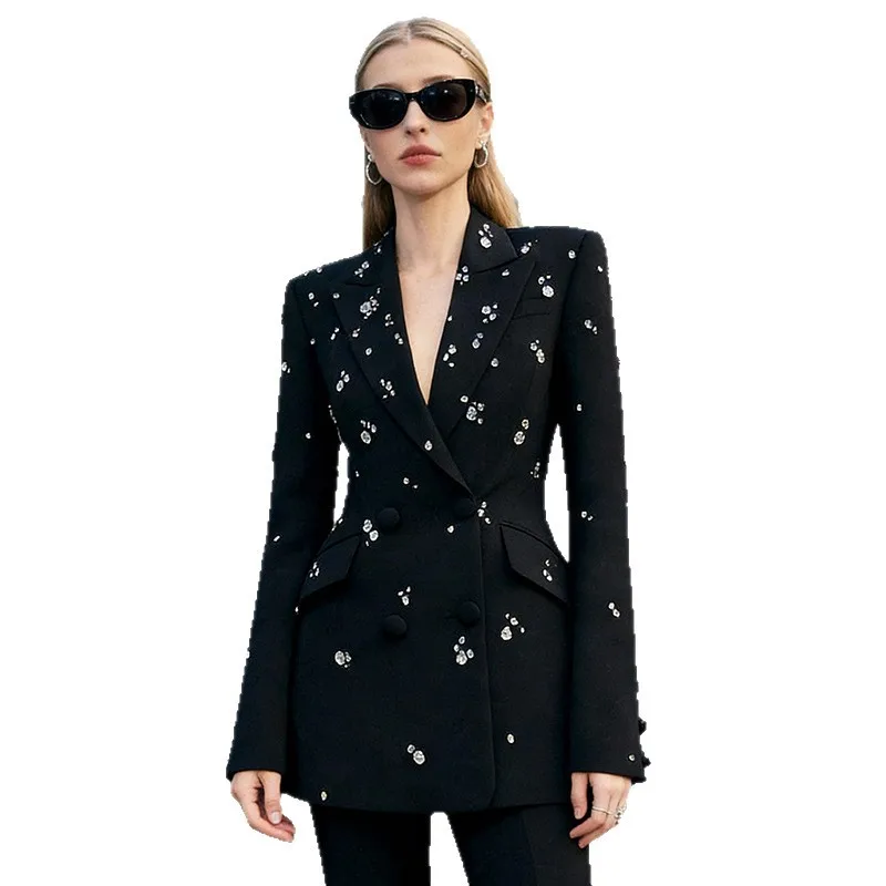 

2026 Designer Beaded Diamond V-Neck Women Work Suit Elegant Stylish Crystal Fitted Jacket Blazer Pants 2-Piece Set Spring Outfit