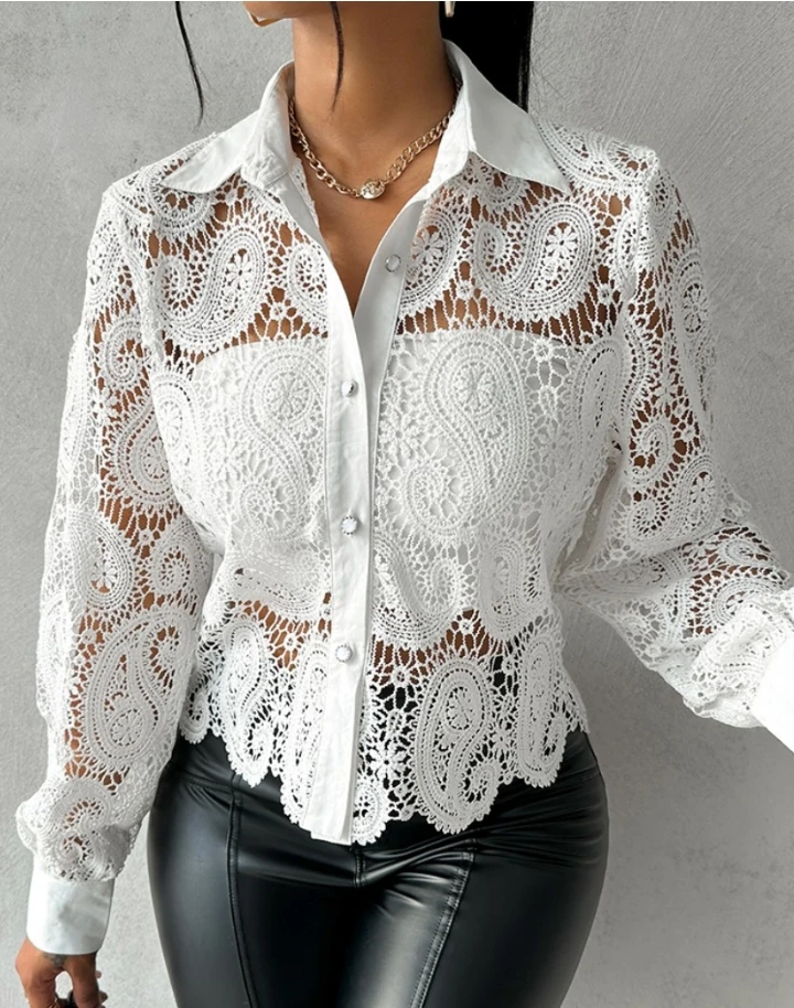 Female Clothing Sexy Lace Hollow Out Top 2024 Latest Casual Polo Neck Shirt Commuting Style Full Shoulder Long Sleeve Pullover