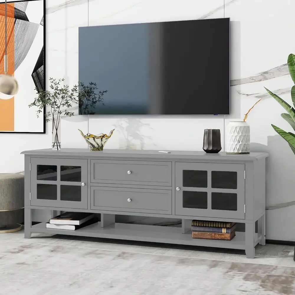 60 TV Stand with Window Pane Glass Door, Storage Cabinet, Drawers & Open Shelf for Living Room or Bedroom