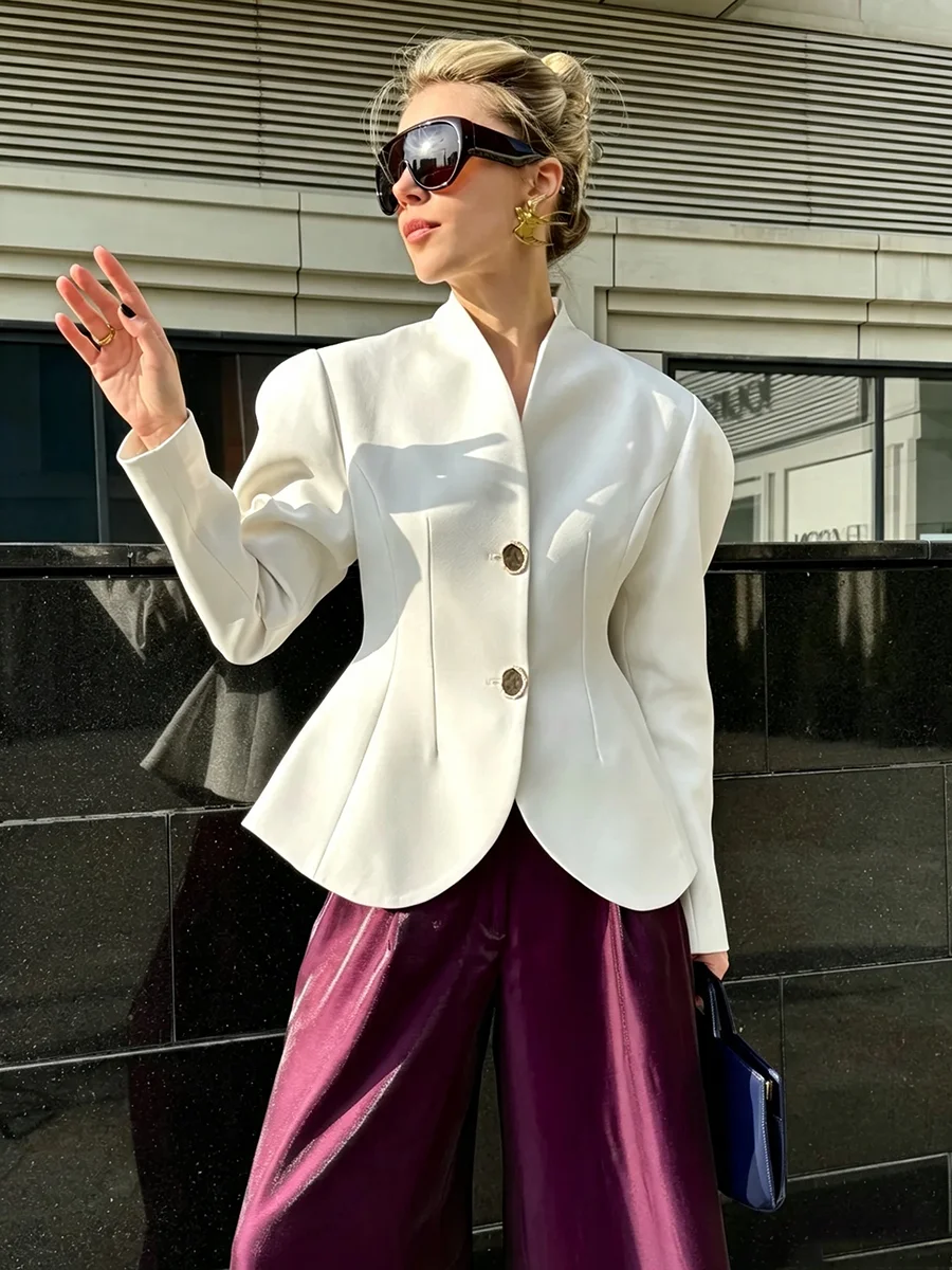 Elegant Women Spring Coat Collarless Single Breasted Cinched Waist Peplum Jacket with Contrast Buttons