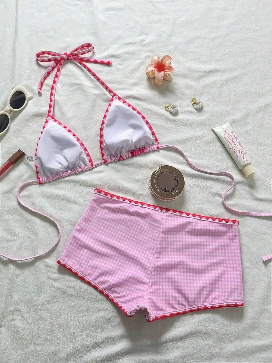 

Womens Pink Gingham Halter Bikini Set With Contrast Trim Beach Swimwear