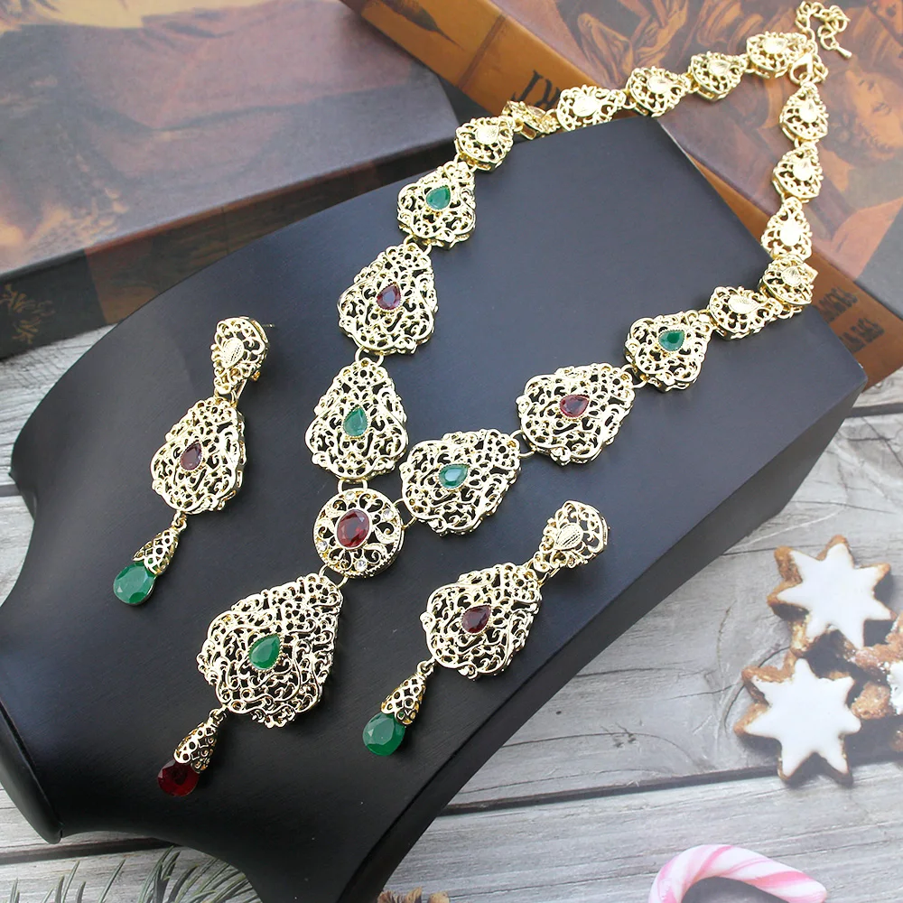 Algeria Morocco Jewelry Sets Long Earring Necklace Set For Women Hollow Arabesque Pendant Necklace Gold Color Bride Jewelry