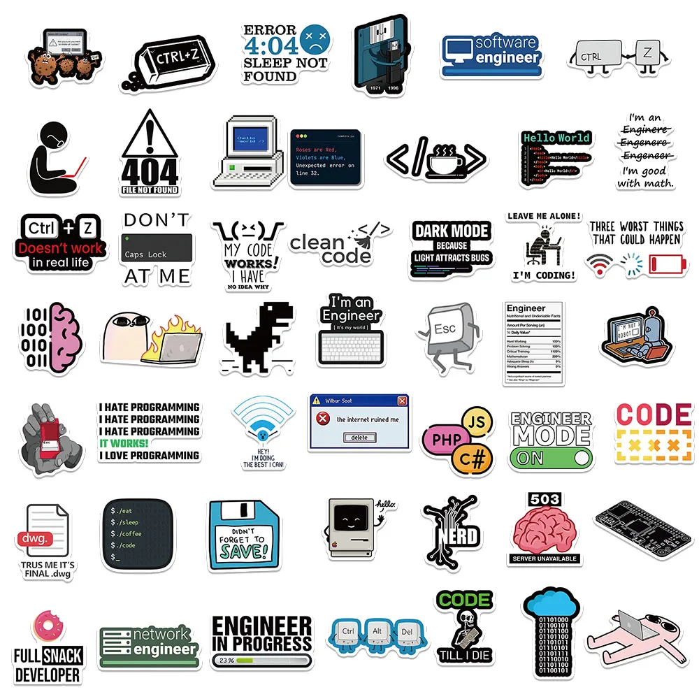 50/100pcs Network Hacker Programming Stickers Funny Cartoon IT Engineer Computer Sticker Luggage Laptop Guitar Phone Decals