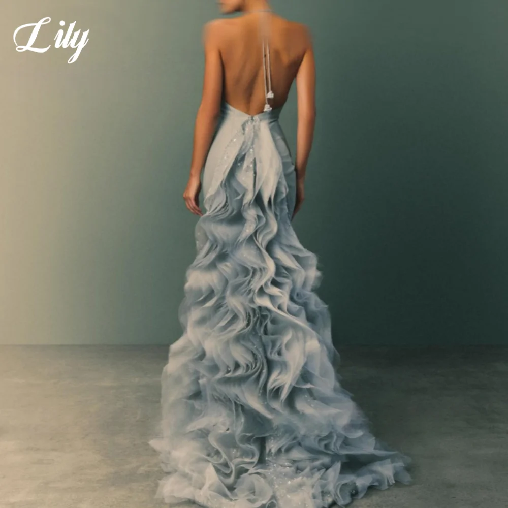 Lily Elegant Charming Sweep Train Prom Gown Sleeveless Halter Ruffles Party Evening Dresses Lace up Back Prom Dresses Customized image 2