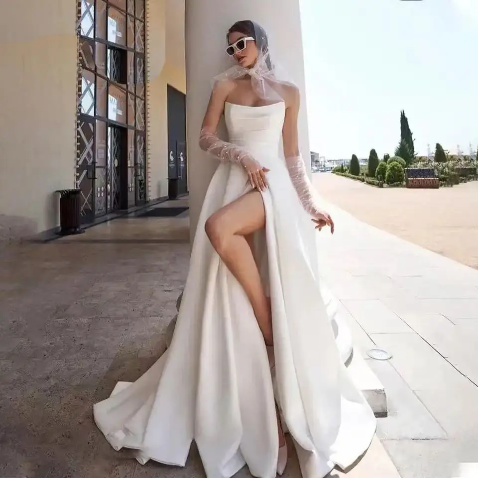 

Customized Simple A Line Satin Wedding Dress For Women Strapless Sleeveless Side Slit Bride Dress Robe Mariee Vestidos De Novia