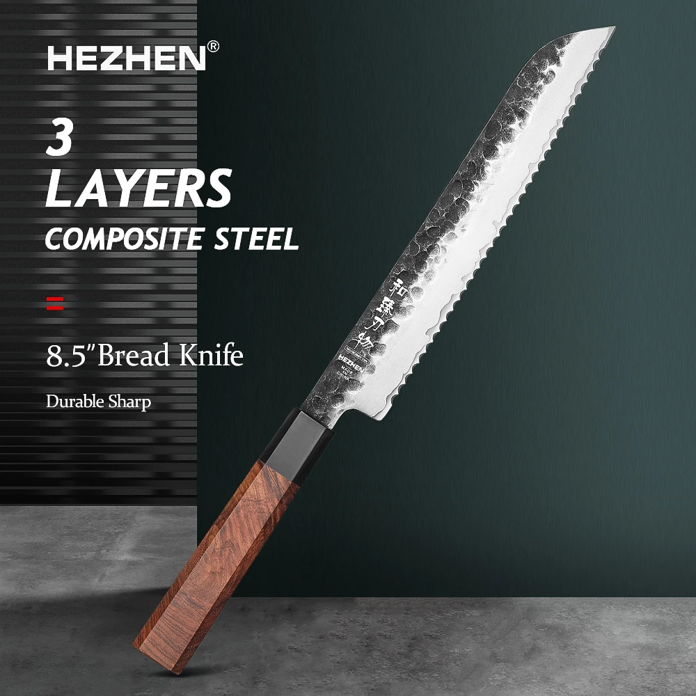 HEZHEN 8.5 Inch Bread Knife 3 Layers Clad Steel 10Cr15CoMov Composite Stainless Steel Kitchen tools Cooking Knives