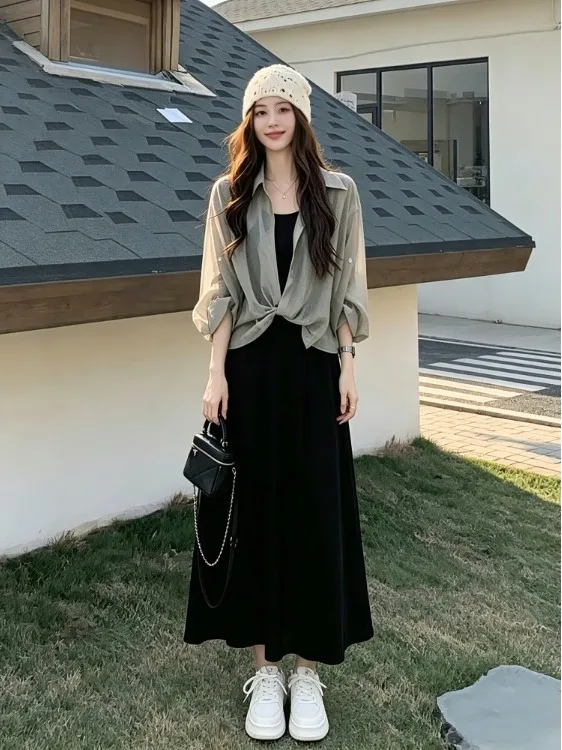 

Slimming Effect Summer Shirt Strap Dress Two-Piece Set plus Size Korean Style Conceal Meat Design Sensation Fashionable Women