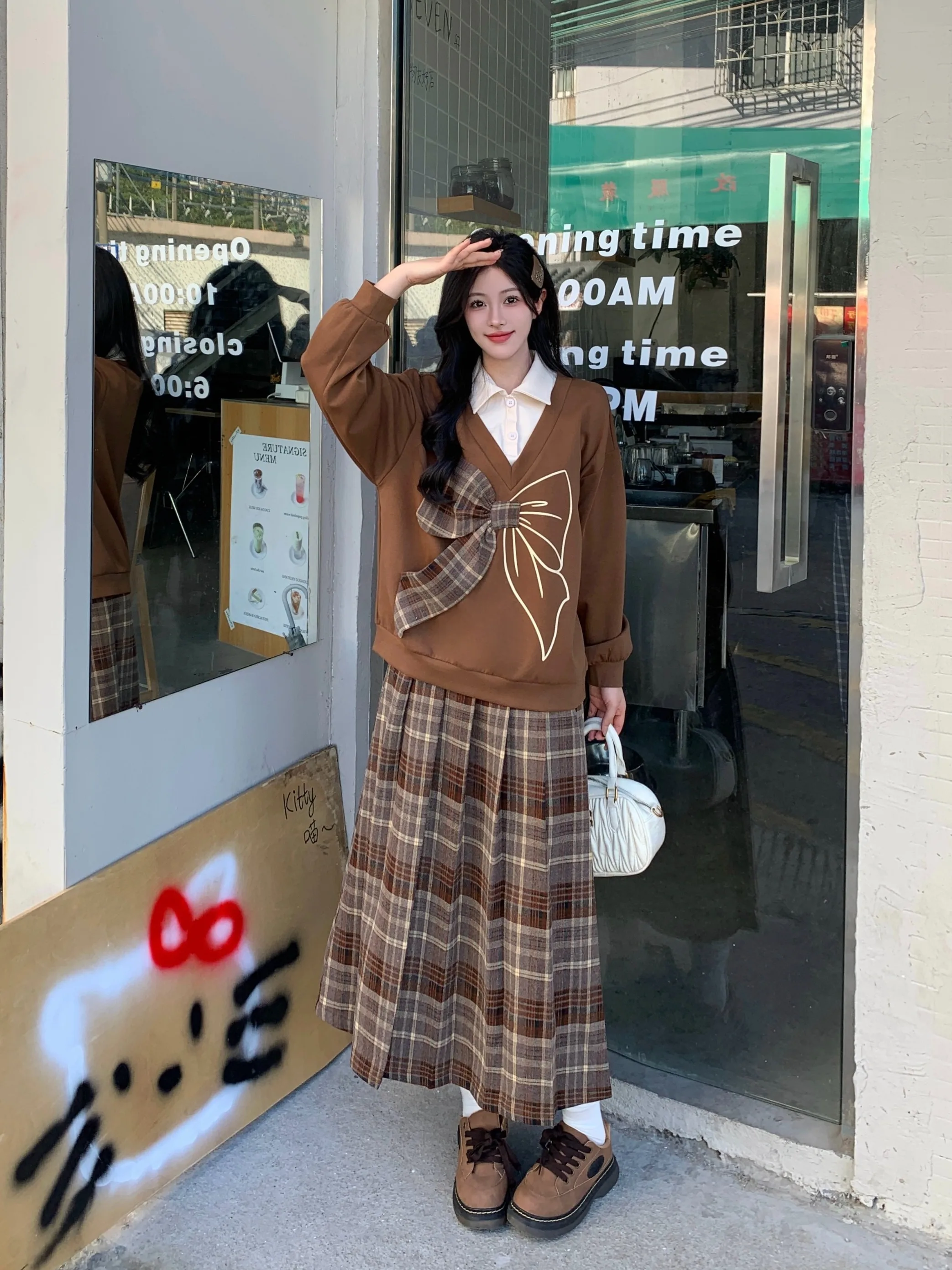 

Women's Skirt Set Korean Retro Fake Two-piece Paneled Chic Bowknot Sports Hoodie Tops High-waist Slim-fit Plaid Pleated Skirt