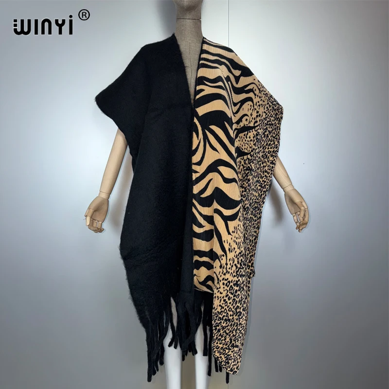 WINYI winter Irregular leopard print pleated sleeve cardigan Africa Luxury Long Fur Loose OverCoat Thick Warm long down coat