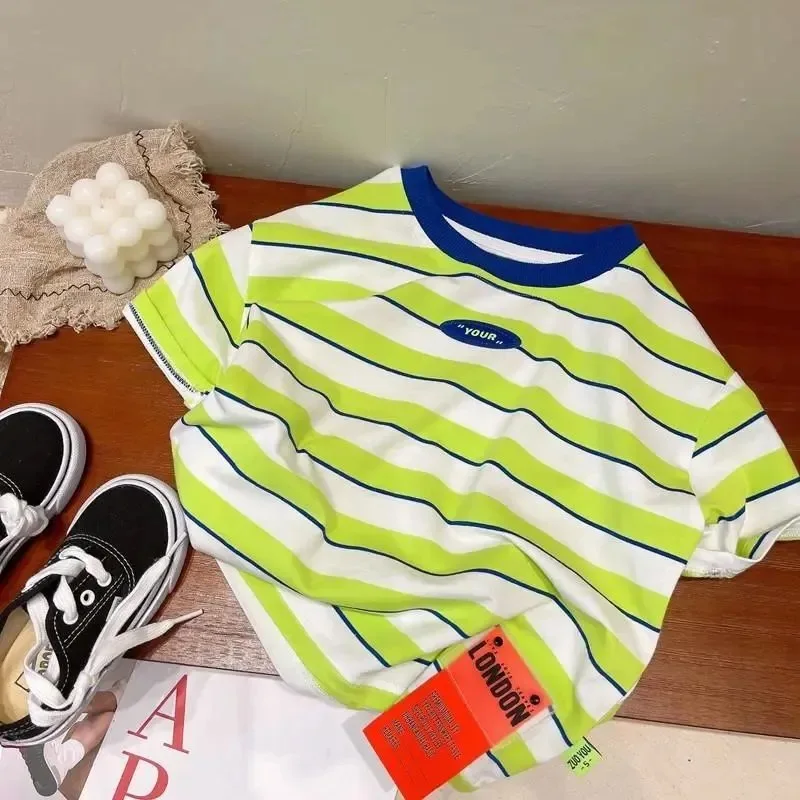 Camiseta a rayas de verano para bebés, Tops informales de manga corta, Tops finos de algodón con cuello redondo, camisetas de contraste para niños