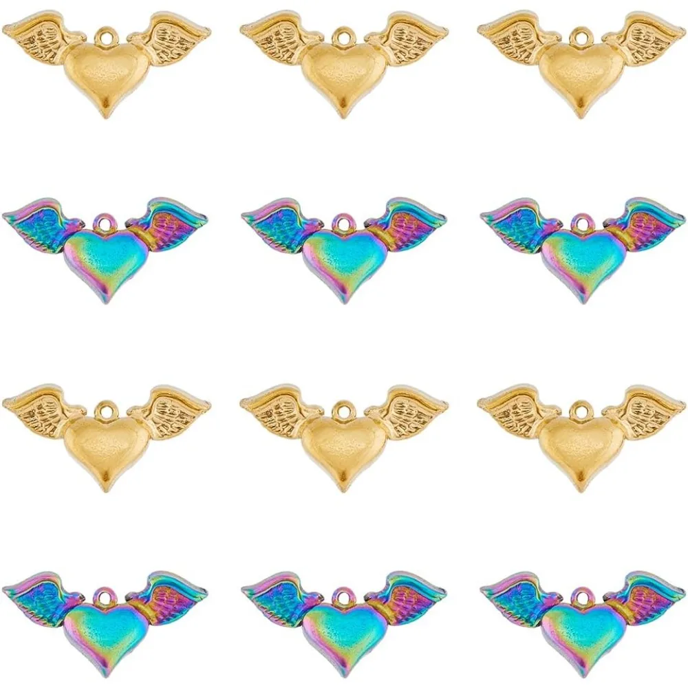 

12Pcs 2 Colors Heart Charms Angel Wing Pendants 3D Heart with Feather Charms Stainless Steel Heart Charms Rainbow Love