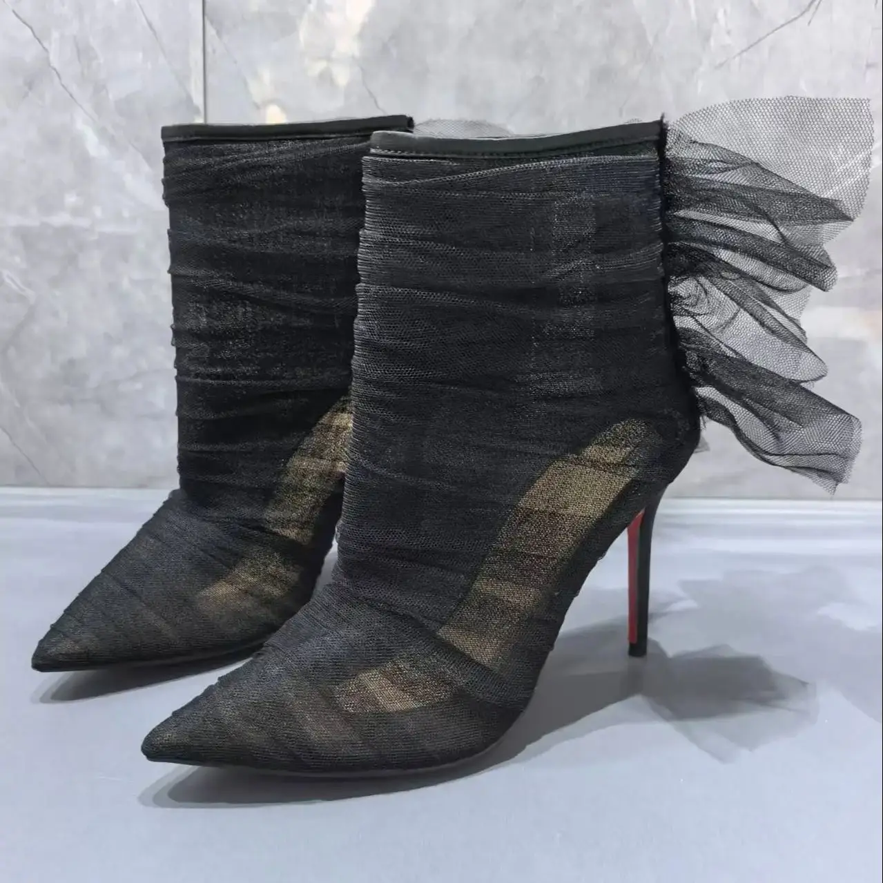 Givencci Black Lace Mesh Short Boots For Women Hollow Out Pointed Toe Botas De Mujer Back Zipper Red Sole Shoes Female Concise