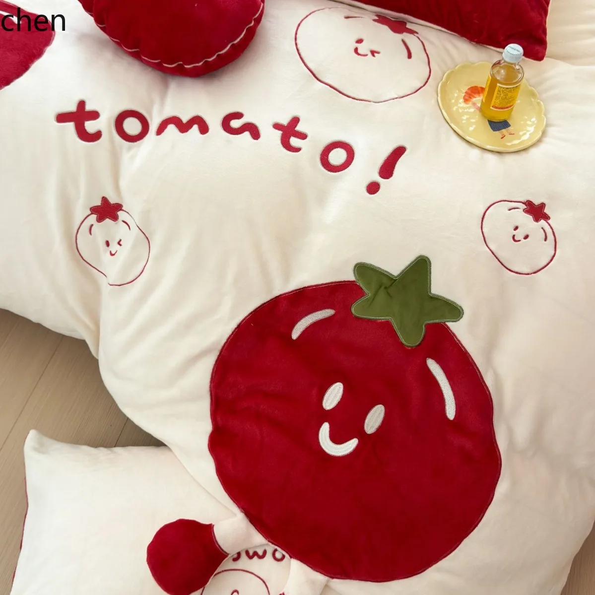 H1 Tomato 3D Cute Handmade Appliqué Embroidery 230g Thickened Milk Velvet Bedroom Bedding Four-Piece Set