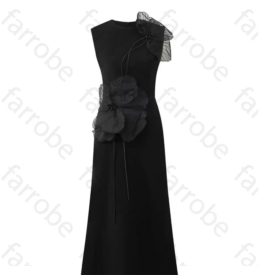 Customized Black Exquisite Evening Dress Flower Beading Ruched A-line Sleeveless Bespoke Occasion Gown Midi Dresses Party