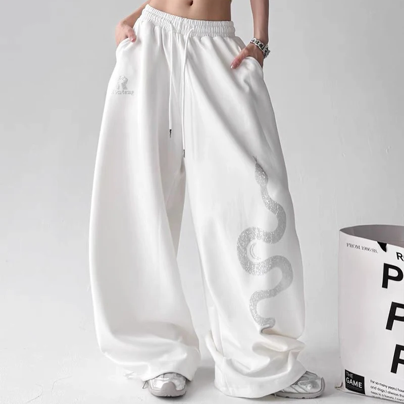 Calça de moletom feminina vintage americana, calça de perna larga com estampa de cobra, solta, casual, preguiçosa, jazz, hiphop, dança, harajuku y2k