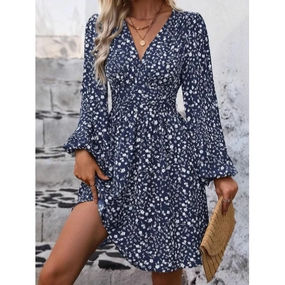 秋冬レディースハイウエストランタンスリーブガウン独立系サイトサイドネデザインロングスリーブデート用