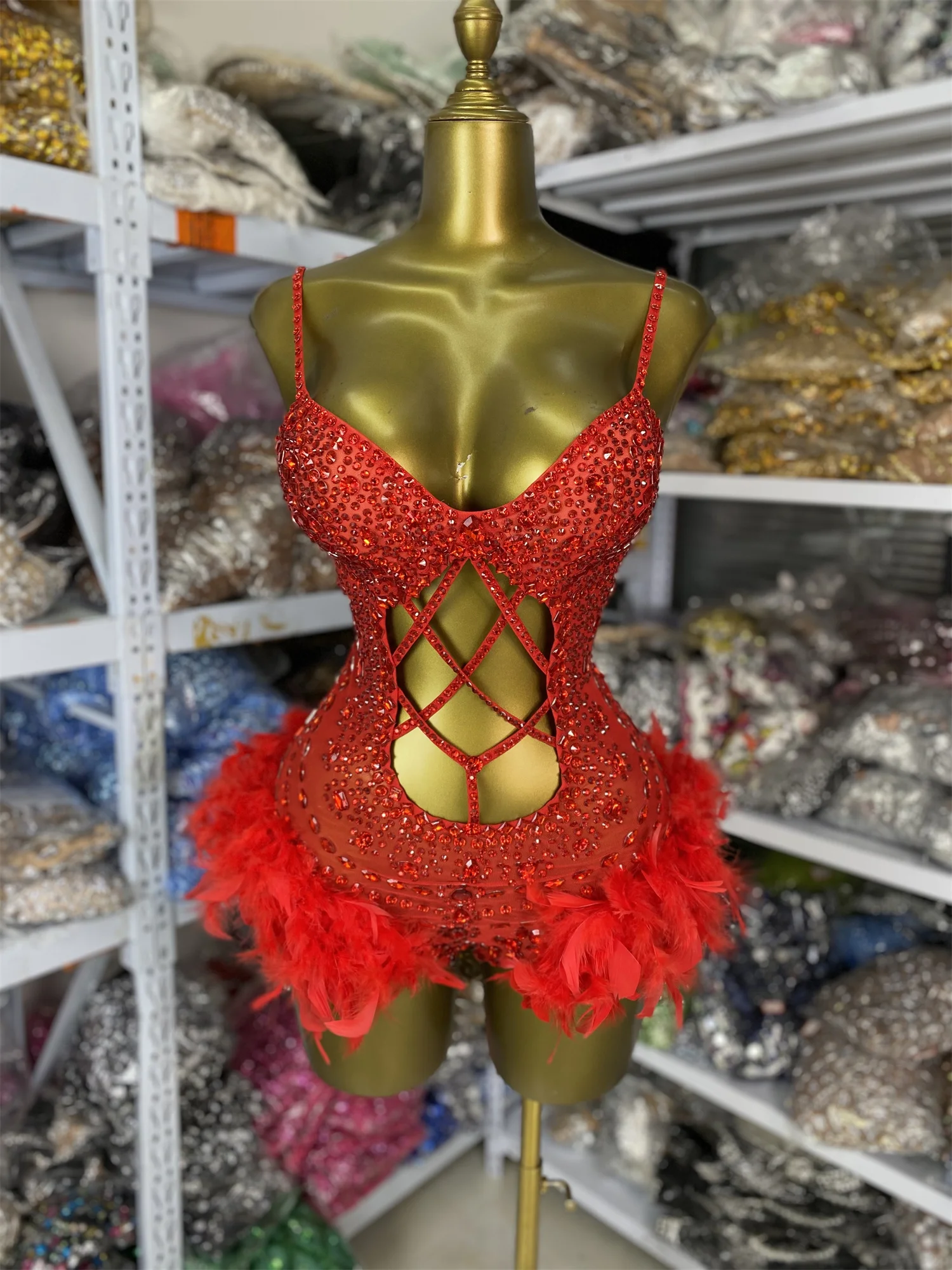 

Women Red Sparkly Rhinestones Bodysuit Spaghetti Strap V Neck Cut Out Feathers Leotard Evening Club Party Nightbar Stage Costume