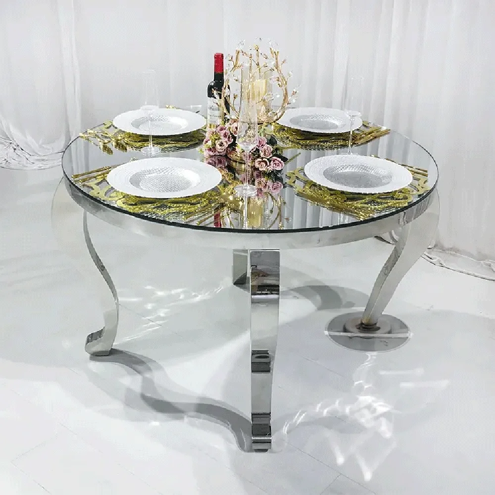 New Manufacturing Modern Mirror Glass Gold Stainless Steel Wedding Event Dining Table