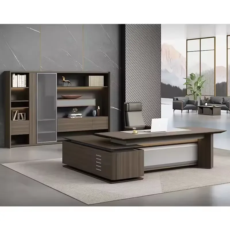 Office Computer Desk L-shaped Desk with Drawers, Minimalist Office Desk, Executive Set Wooden Office Furniture