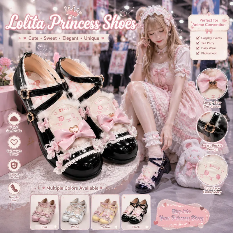 Lolita Rabbit Mary Jane Low Heel Cute Bow Decor Round Toe Princess Shoes, Sweet Footwear For JK Cosplay Anime Women Girls Fans