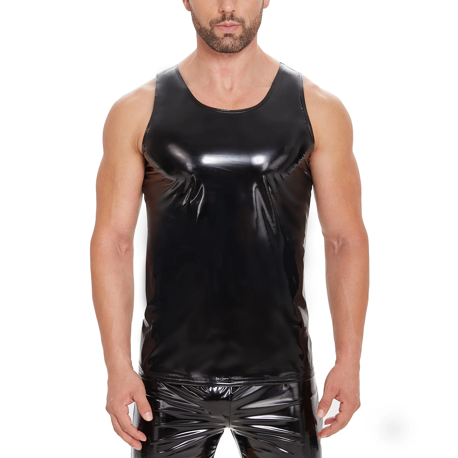 Plus Size Mens Shiny Leather Tank Top Glossy PVC Leather T-Shirts Sleeveless Male Wetlook Latex V-neck Shaping Vest Sexi