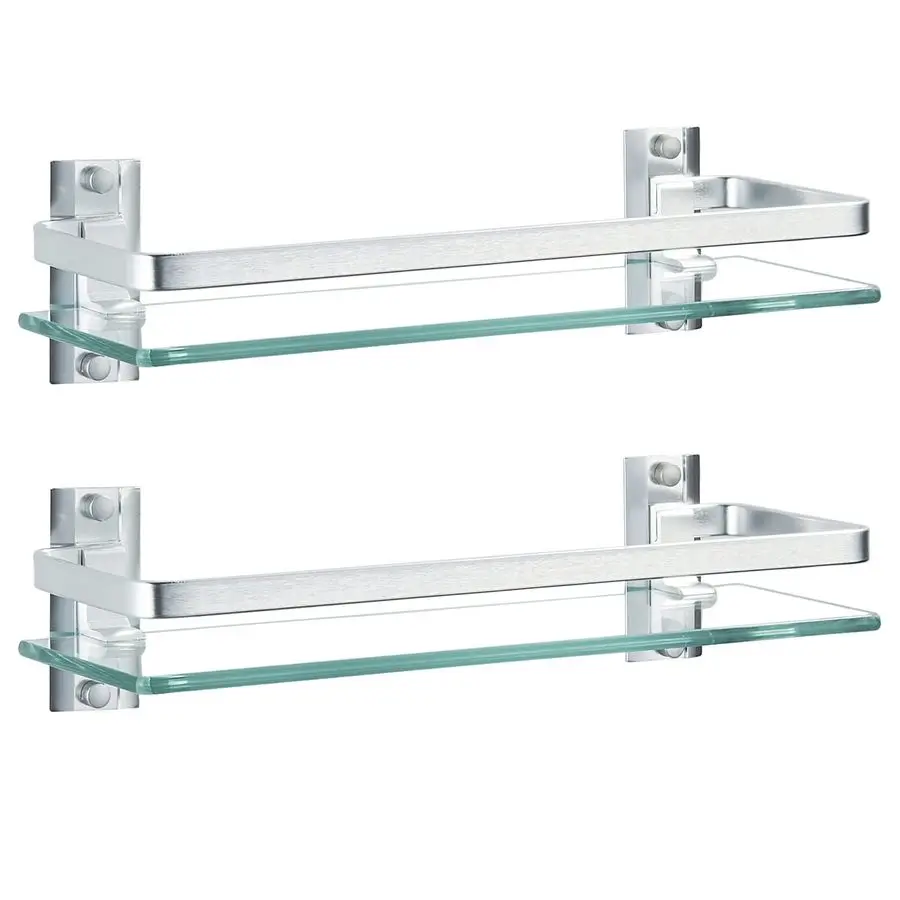 

2 Pack Bathroom Glass Shelf,15.7 Inches Silver Bathroom Shower Glass Shelf WallMounted, Metal Storage Floating Kitchen Shelf