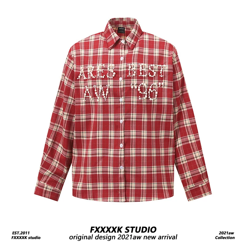 

FXK оригинальная весна-лето новая жемчужная вышивка хип-хоп High Street свободная клетчатая длинная све irt мужская этническая одежда