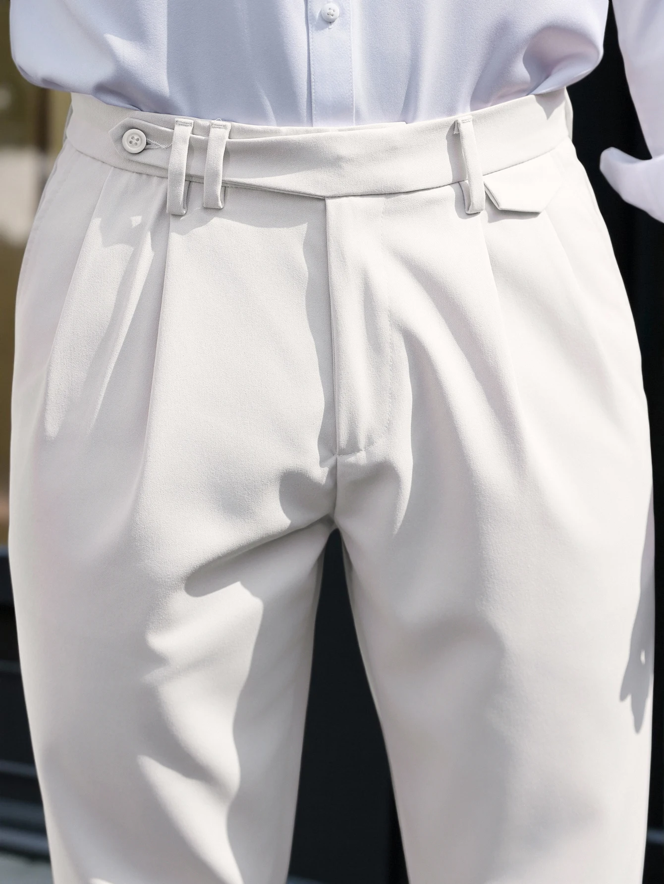 Herren Gurkha Hochgeschnittene Plissierte Gekrempelte Schmal Geschnittene Kurze Anzughose, 100% Polyester Business Casual Weiße Hose – Detail 7