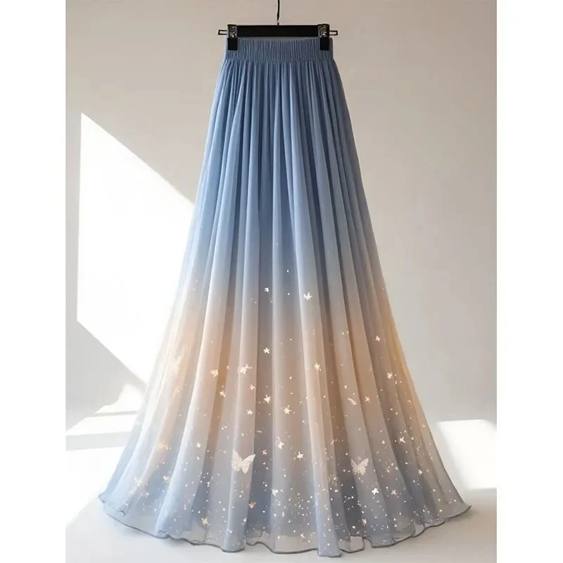 

Новая модная юбка с градиентом и принтом, женская милая трапециевидная эластичная талия, повседневные свободные длинные юбки Mori для девочек, лето-осень Jupe