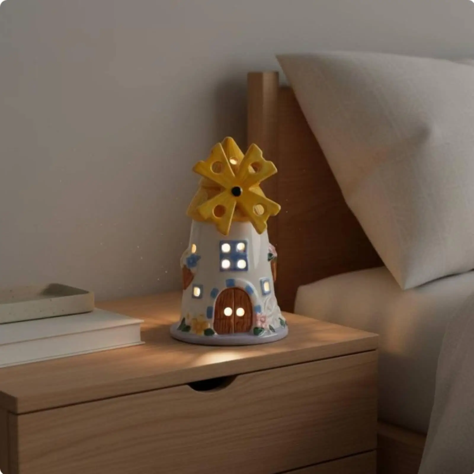 Ceramic Night Light Delicate Porcelain Windmill Cottage for Kids Bedside and Gift Decoration