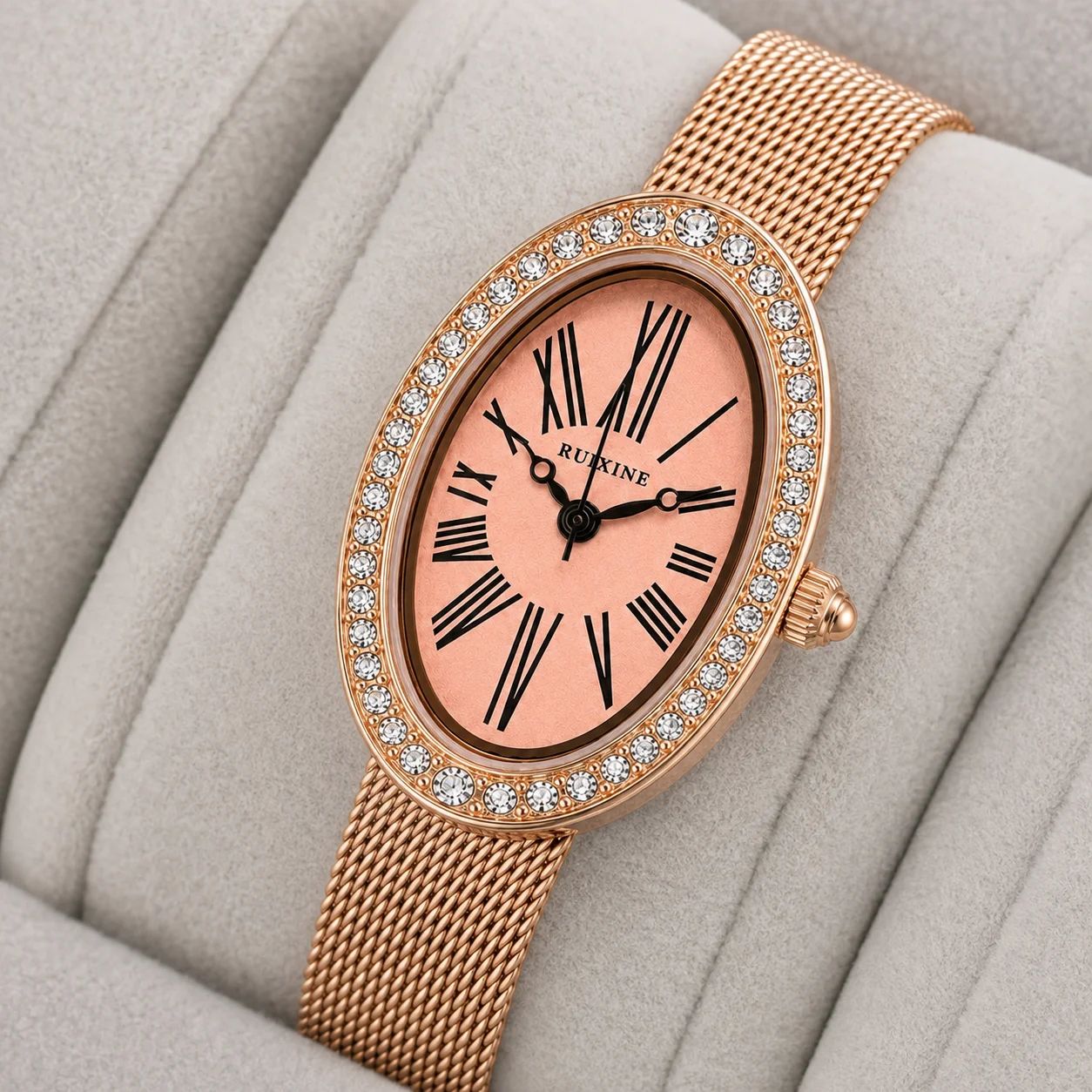 RUIXINE Oval Women Watch Rose Gold Mesh Band Crystal Bezel Roman Numeral Pink Dial Elegant Ladies Quartz Wristwatch Gift