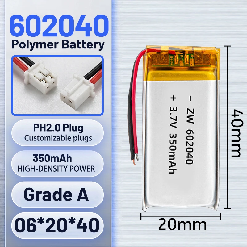 

3.7V 350mAh 602040 polymer lithium ion battery for selfie stick spray conference recorder PPT flip pen