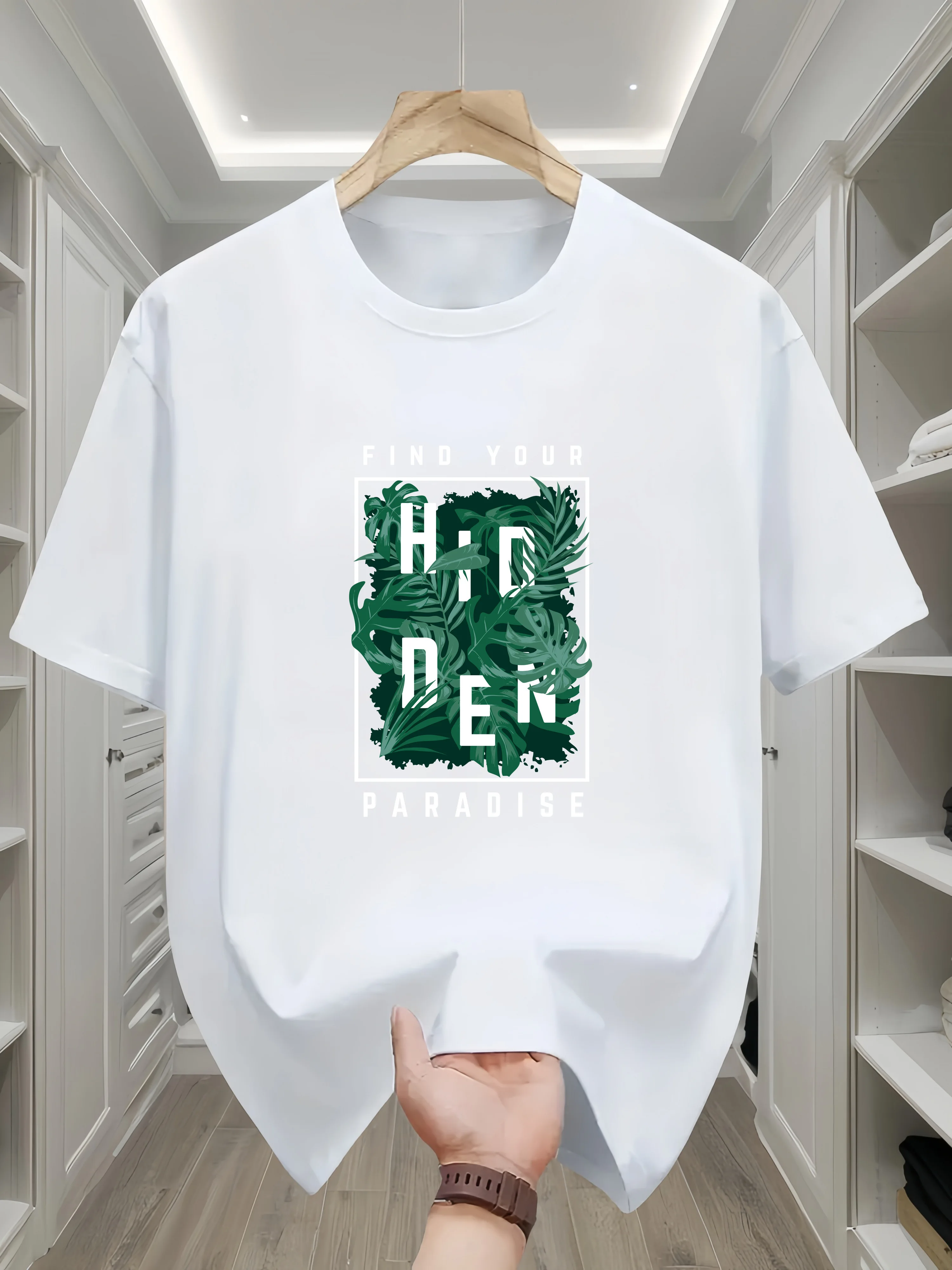100% Cotton Men's Round Neck Pure Cotton Short Sleeved Creative Printed Pattern Green Leaf HID DEN Style T-shirt, Casual Top