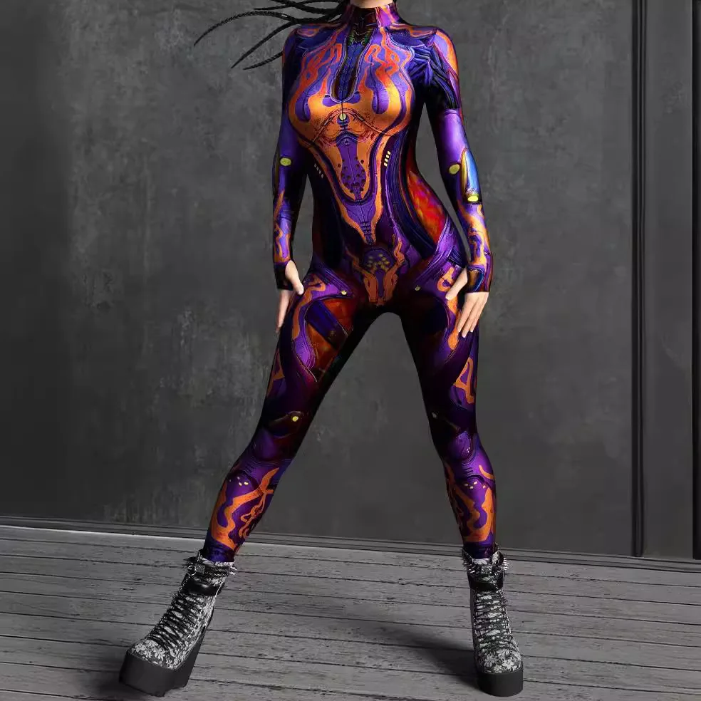 Women Cyber Armor 3D Printing Bodysuit Halloween Carnival Punk Cosplay Zentai Suit Festival Jumpsuit Party Morphsuit Rave Outfit view 4