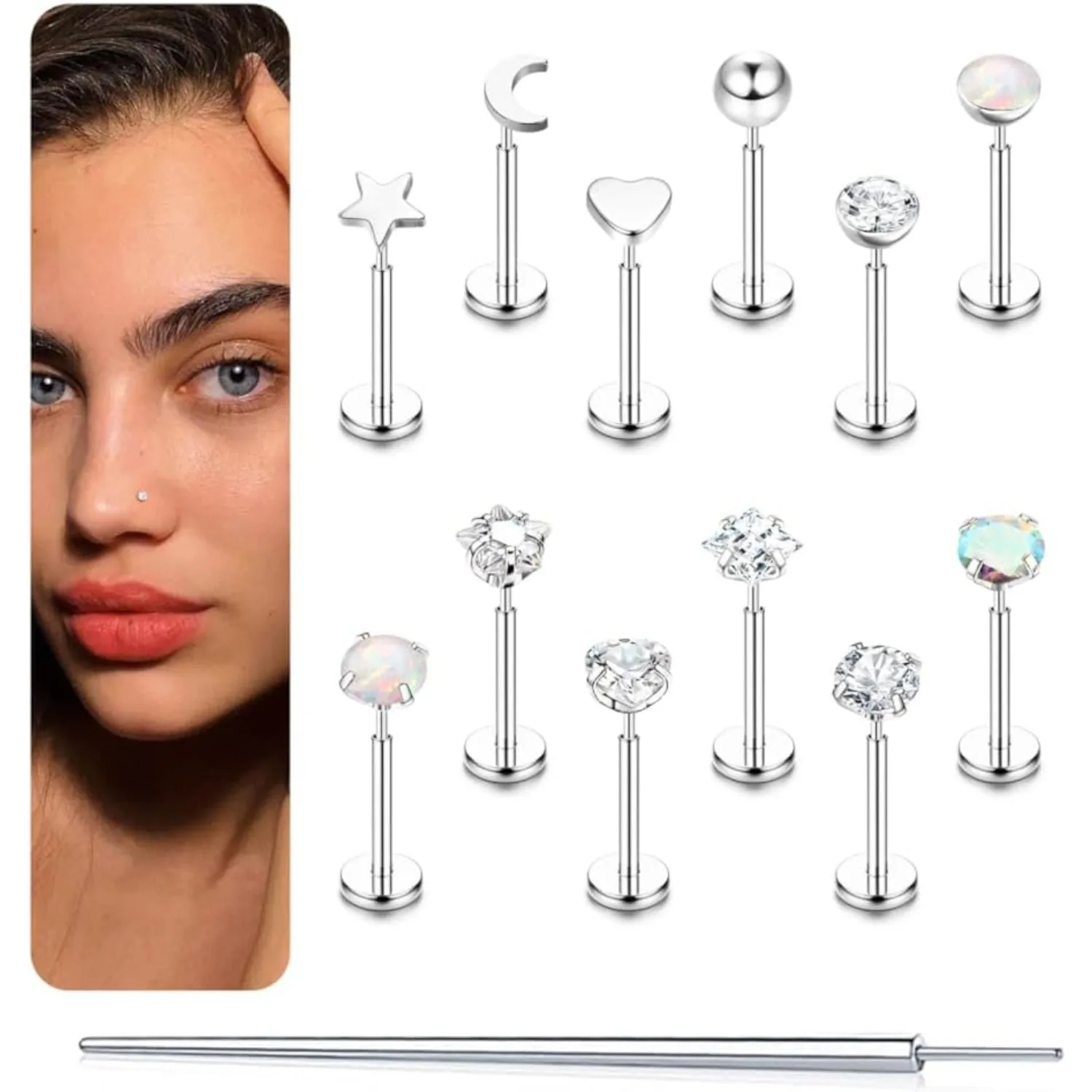 

Bobisty 12Pcs Surgical Steel Threadless Nose Studs for Women Flat back Labret Nose Rings Studs CZ Tragus Helix Piercing Jewelry