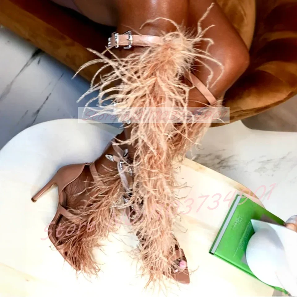 Ostrich Feather Gladiator Knee High Boots Women Luxury Buckle Strap Nude Pink Furry Stiletto Heels Sandals Sexy Feminine Sandals