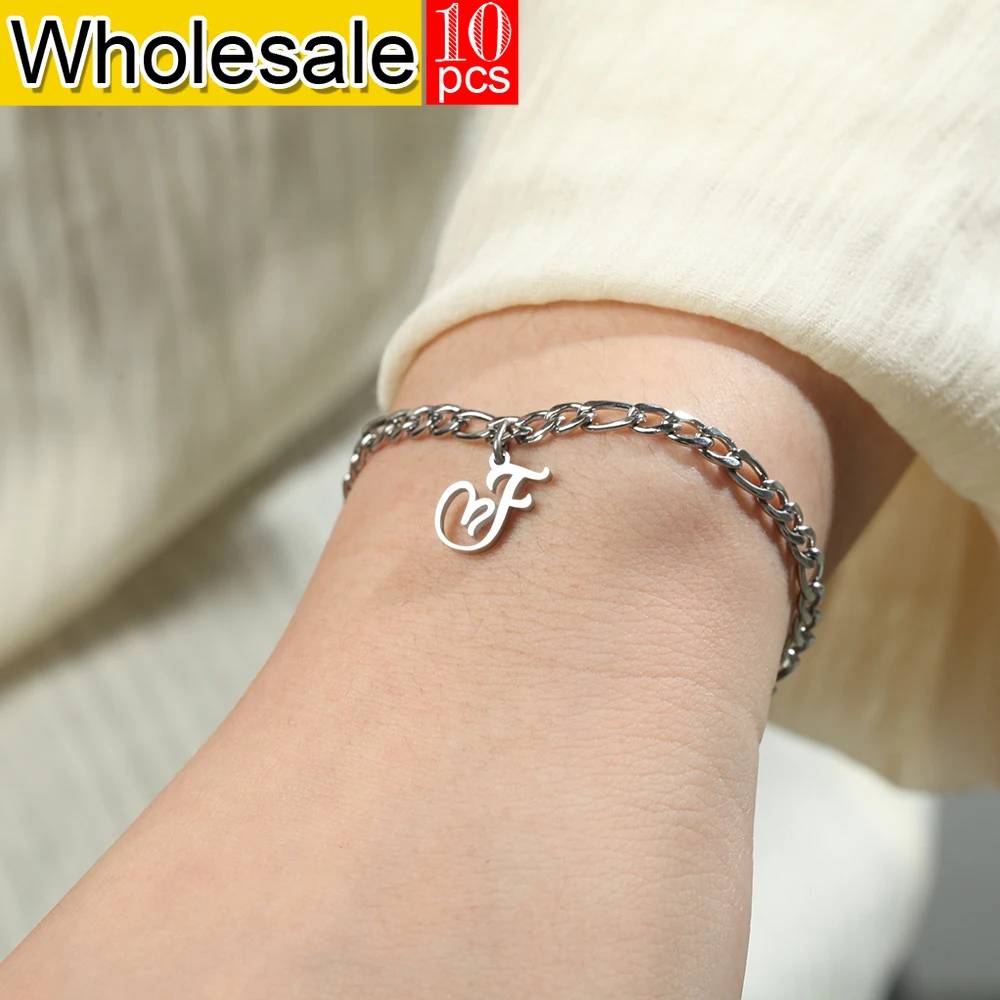 10PCS Minimalist Style Stainless Steel Women's  Bracelet with 26 Initial Art Pendant Figaro Chain Fashion Jewelry Birthday Gift