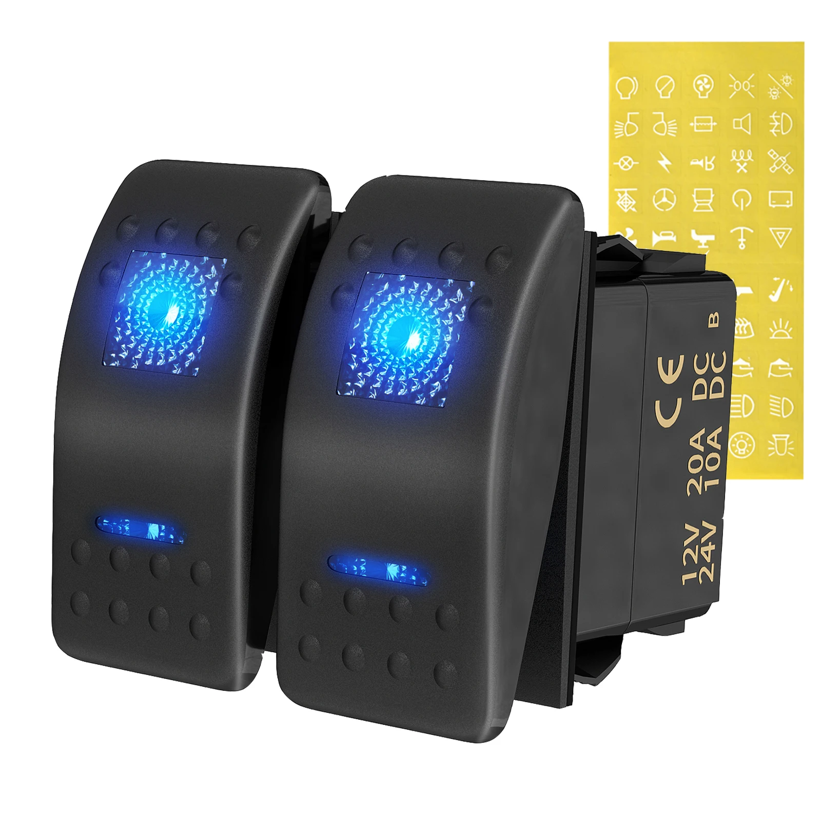 DaierTek 2PCS Marine Car Rocker Switch 12V 24Vwith DIY Stickers ON OFF Toggle Switch 5 PIN SPST LED Blue Light Backlit for Boat