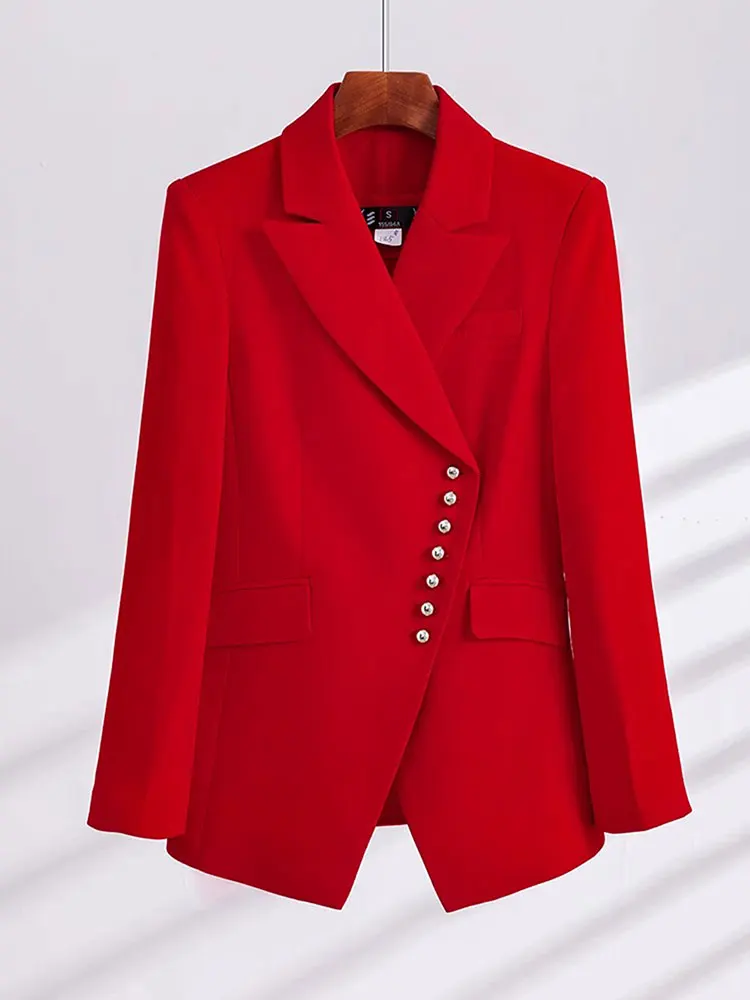 Autumn 2023 Elegant Women\'s Suit Coat+Pants Set Polo Collar Long Sleeve Single breasted Design Red Suit Coat Two Piece Set