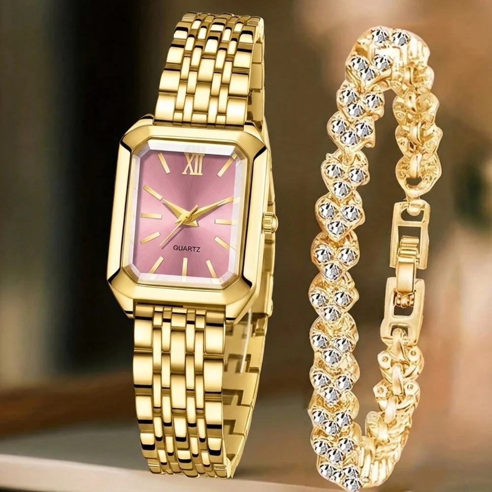 2Pcs/Set Unisex Jewelry Watches Women's Wristwatch Accessories Gold Pink Trendy Fashionable Elegant Classic Exquisite Light Luxury Rhinestone Luxury Bracelet Watch Set Y2K Suitable for Daily Outfits Travel Perfect Holiday Gift