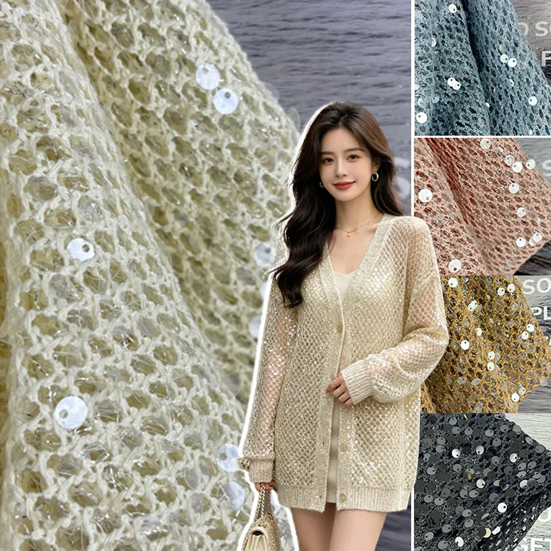 Sequin Embroidery Hollow Out Fishnet Fabric Transparent Sequin Beaded Double Layer Mesh Fabric for Dresses Wedding Evening Gowns