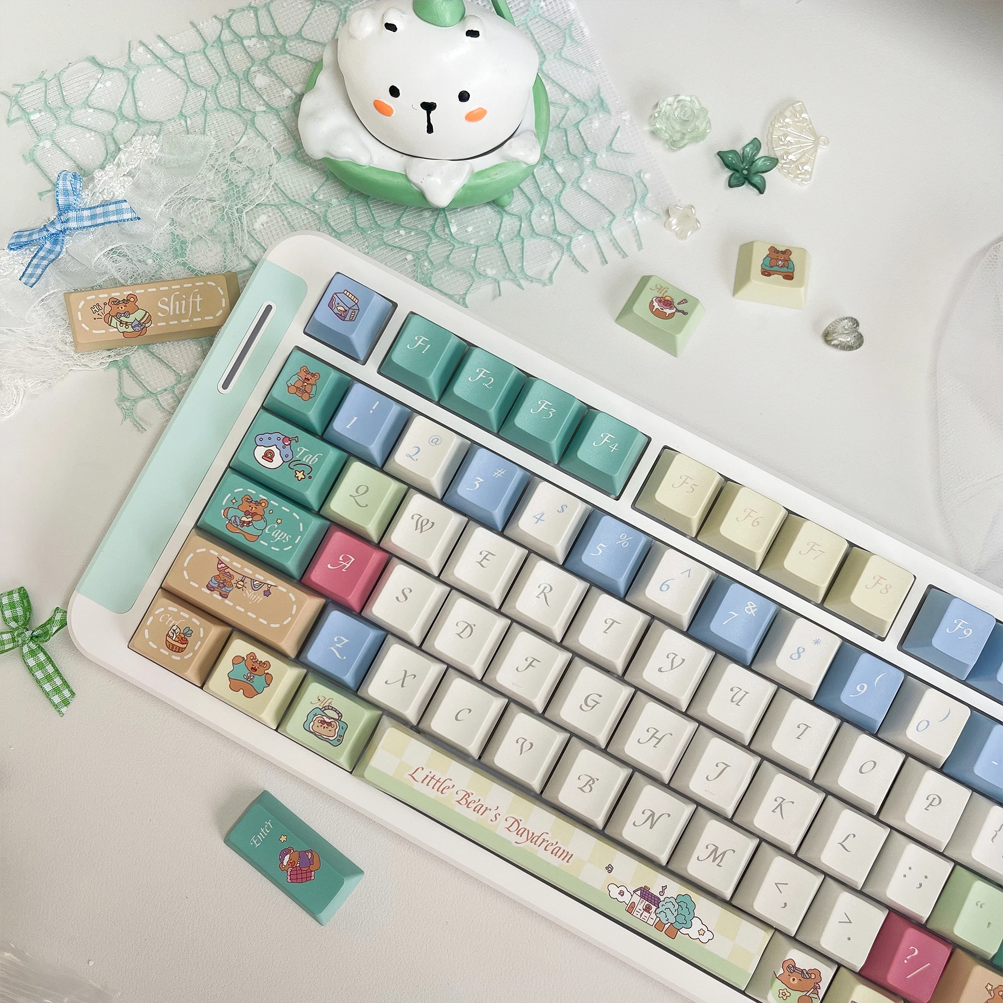 Little Bear Daydream Theme Keycap Set MOA Round Cute Keycaps PBT Cherry Profile MX Switch Mechanical Keyboard Custom Key Caps
